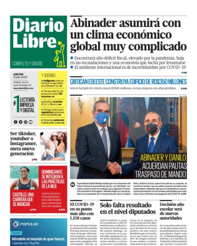 Portada Periódico Diario Libre, Jueves 09 de Julio, 2020