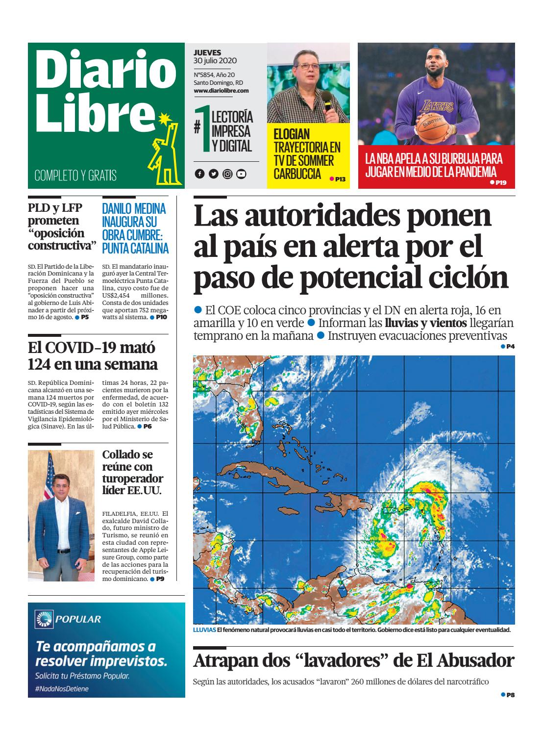 Portada Periódico Diario Libre, Jueves 30 de Julio, 2020