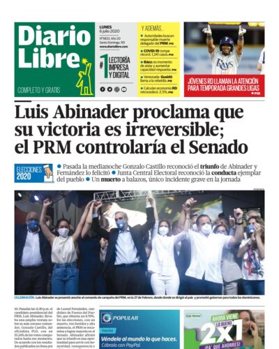 Portada Periódico Diario Libre, Lunes 06 de Julio, 2020