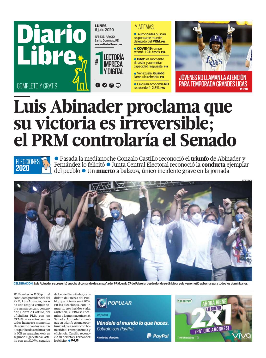 Portada Periódico Diario Libre, Lunes 06 de Julio, 2020