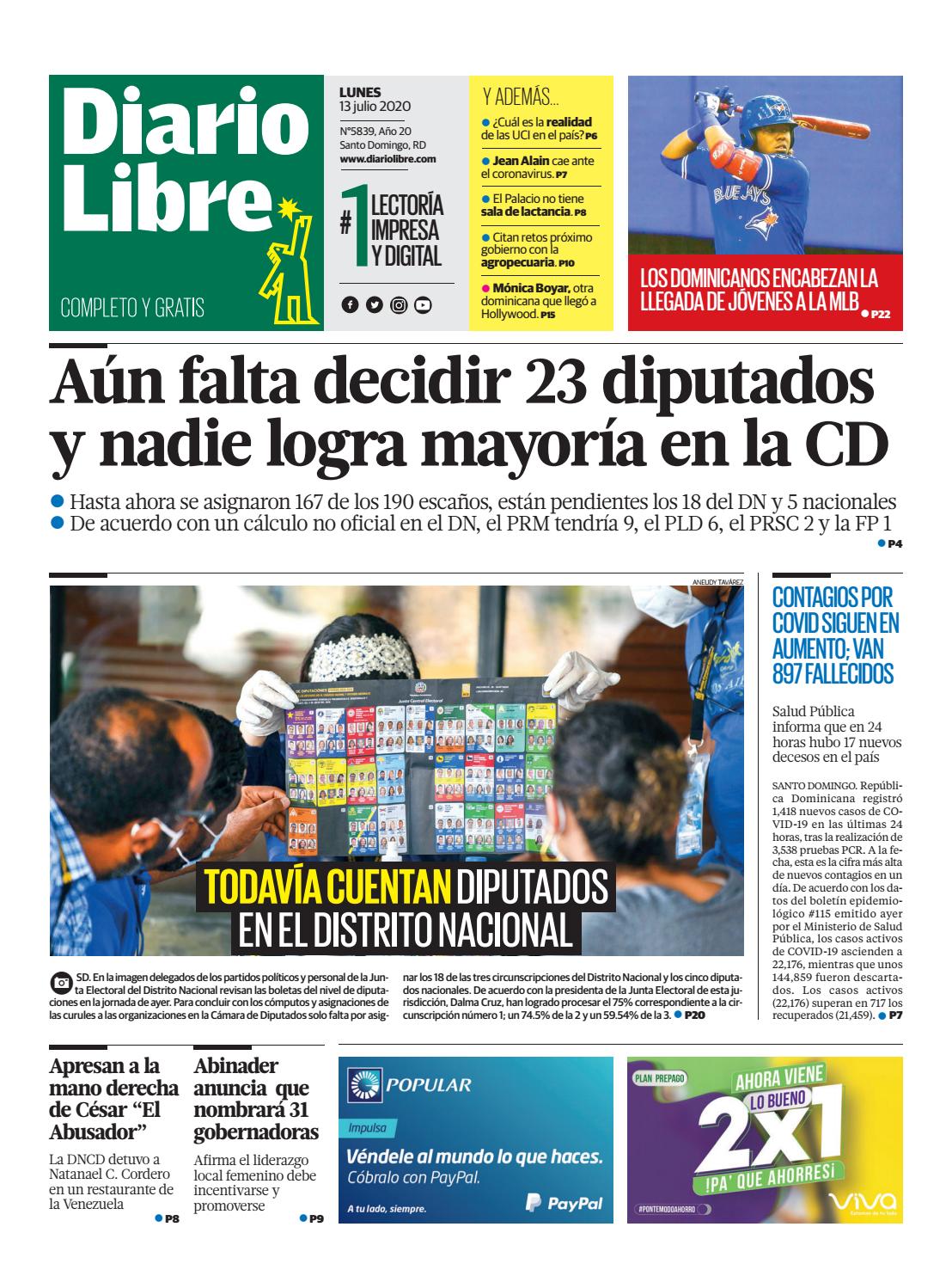Portada Periódico Diario Libre, Lunes 13 de Julio, 2020