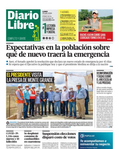 Portada Periódico Diario Libre, Lunes 20 de Julio, 2020