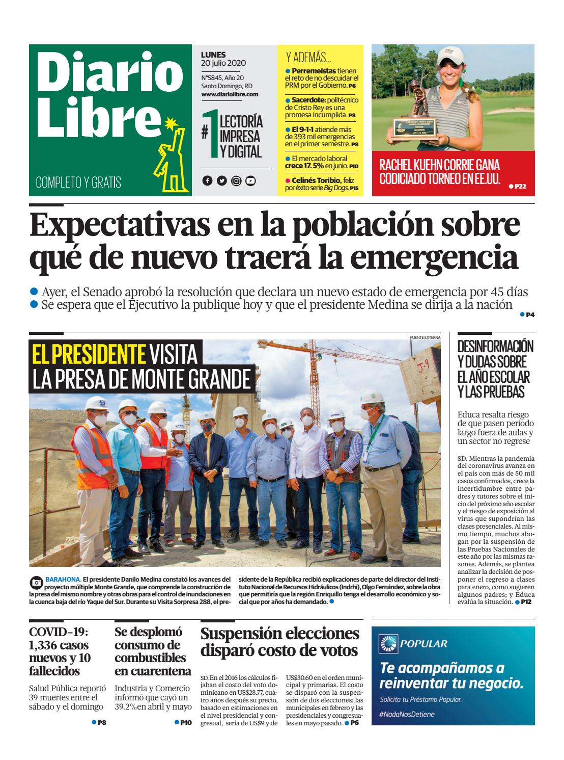 Portada Periódico Diario Libre, Lunes 20 de Julio, 2020