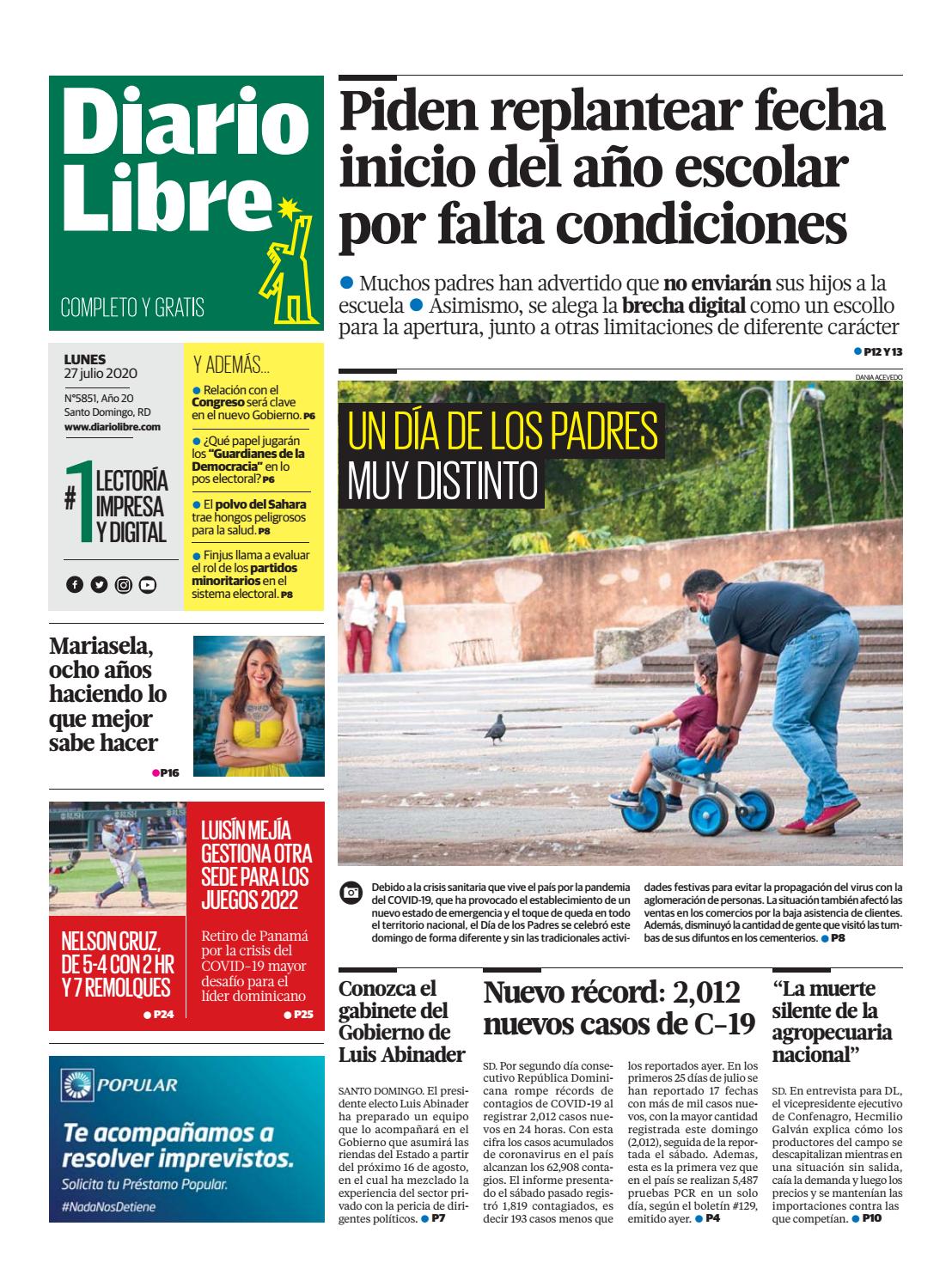Portada Periódico Diario Libre, Lunes 27 de Julio, 2020