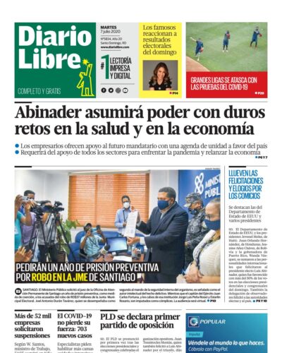 Portada Periódico Diario Libre, Martes 07 de Julio, 2020