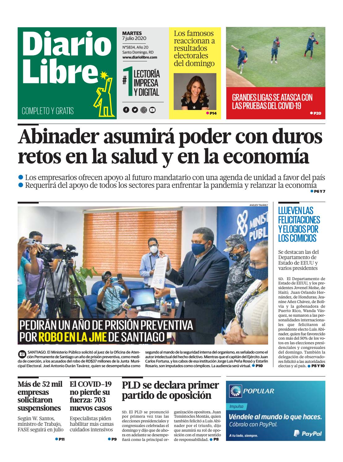 Portada Periódico Diario Libre, Martes 07 de Julio, 2020