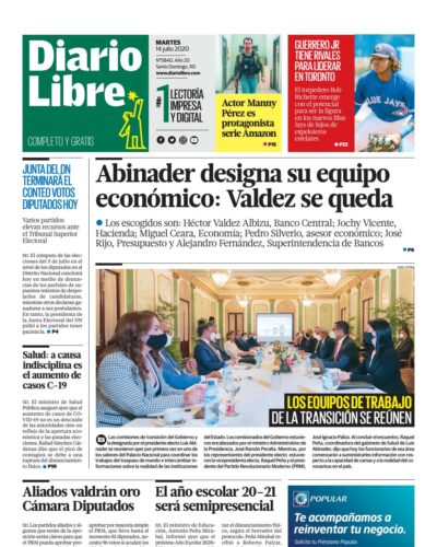 Portada Periódico Diario Libre, Martes 14 de Julio, 2020