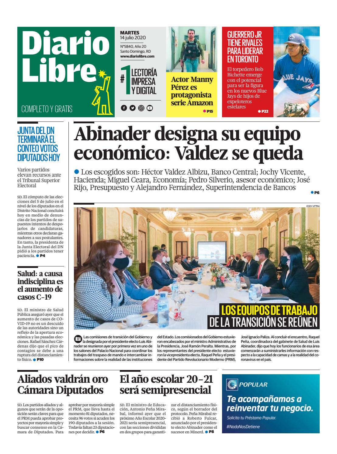 Portada Periódico Diario Libre, Martes 14 de Julio, 2020