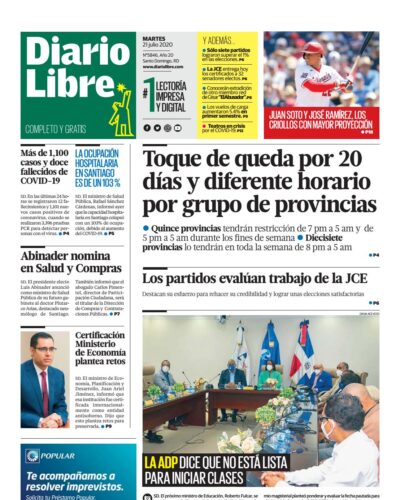 Portada Periódico Diario Libre, Martes 21 de Julio, 2020