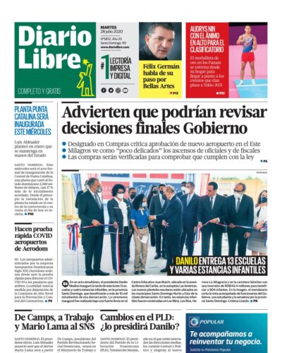 Portada Periódico Diario Libre, Martes 28 de Julio, 2020