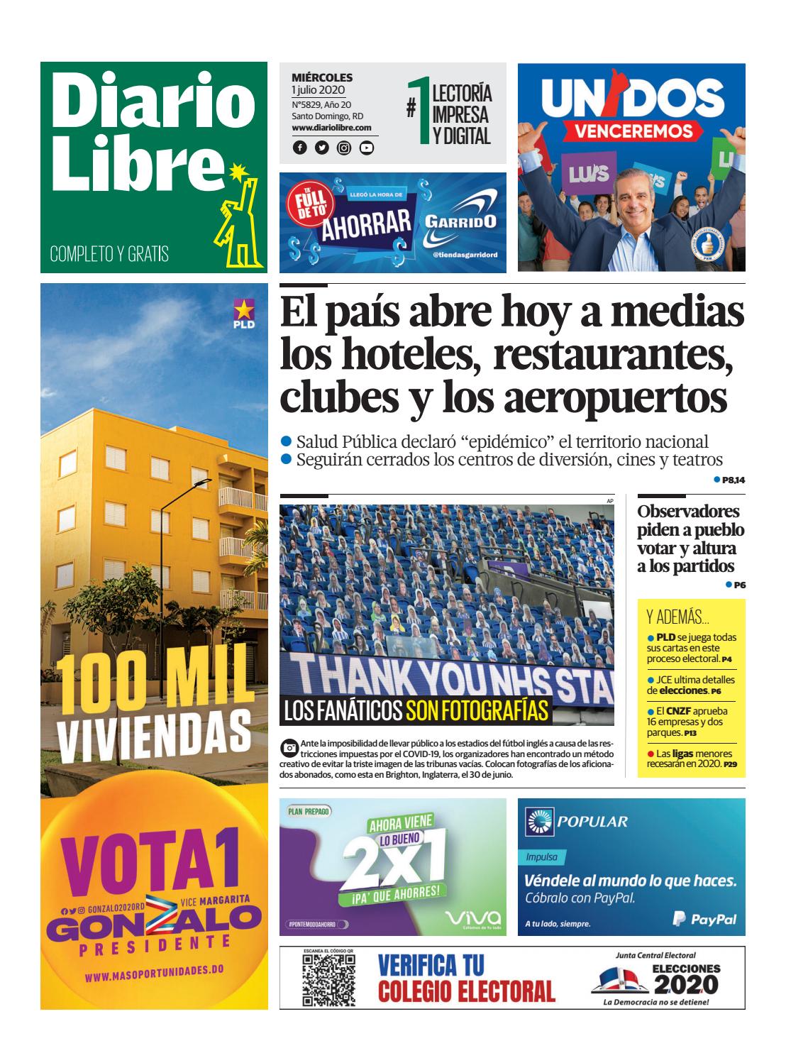 Portada Periódico Diario Libre, Miércoles 01 de Julio, 2020