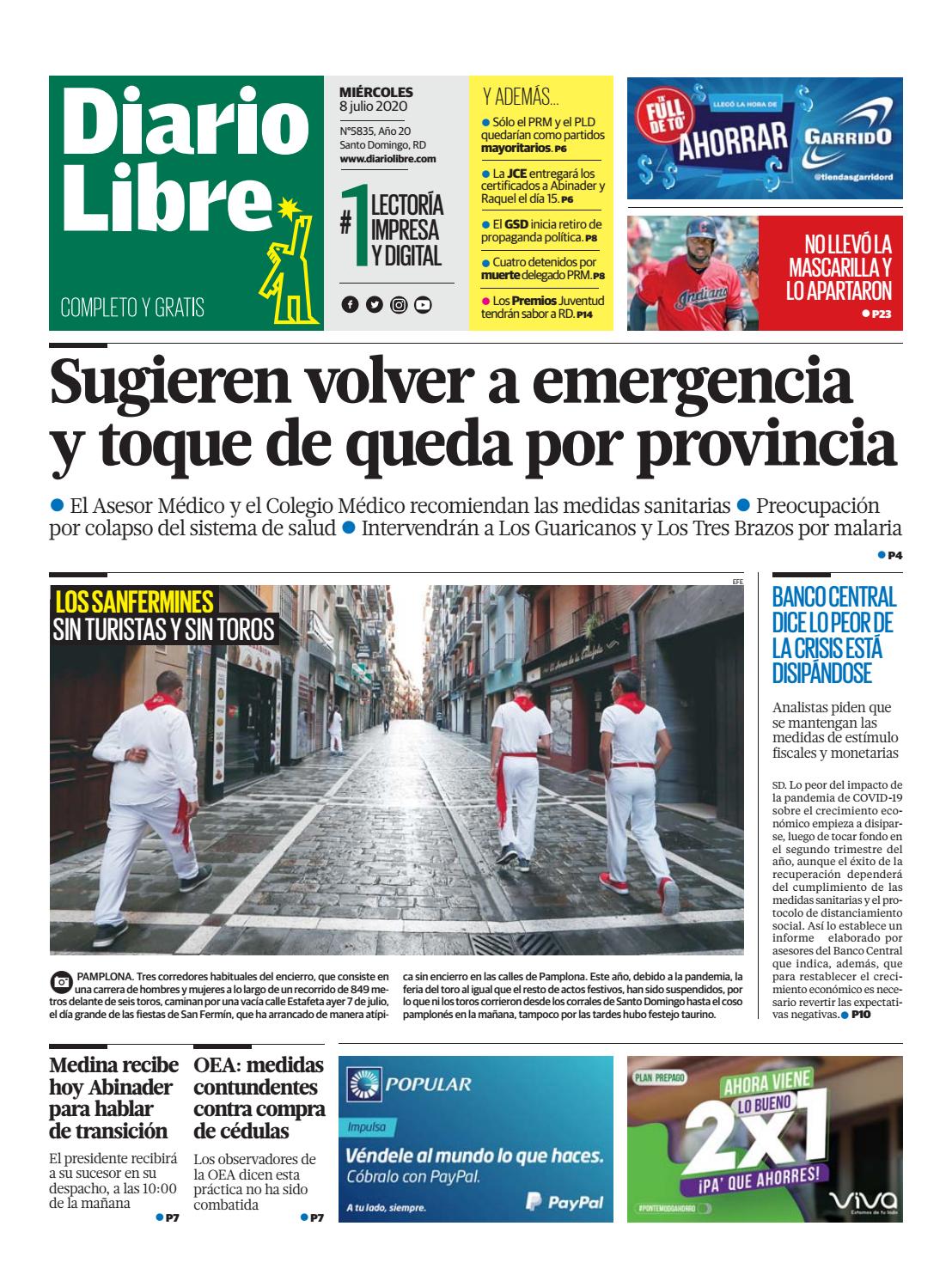 Portada Periódico Diario Libre, Miércoles 08 de Julio, 2020