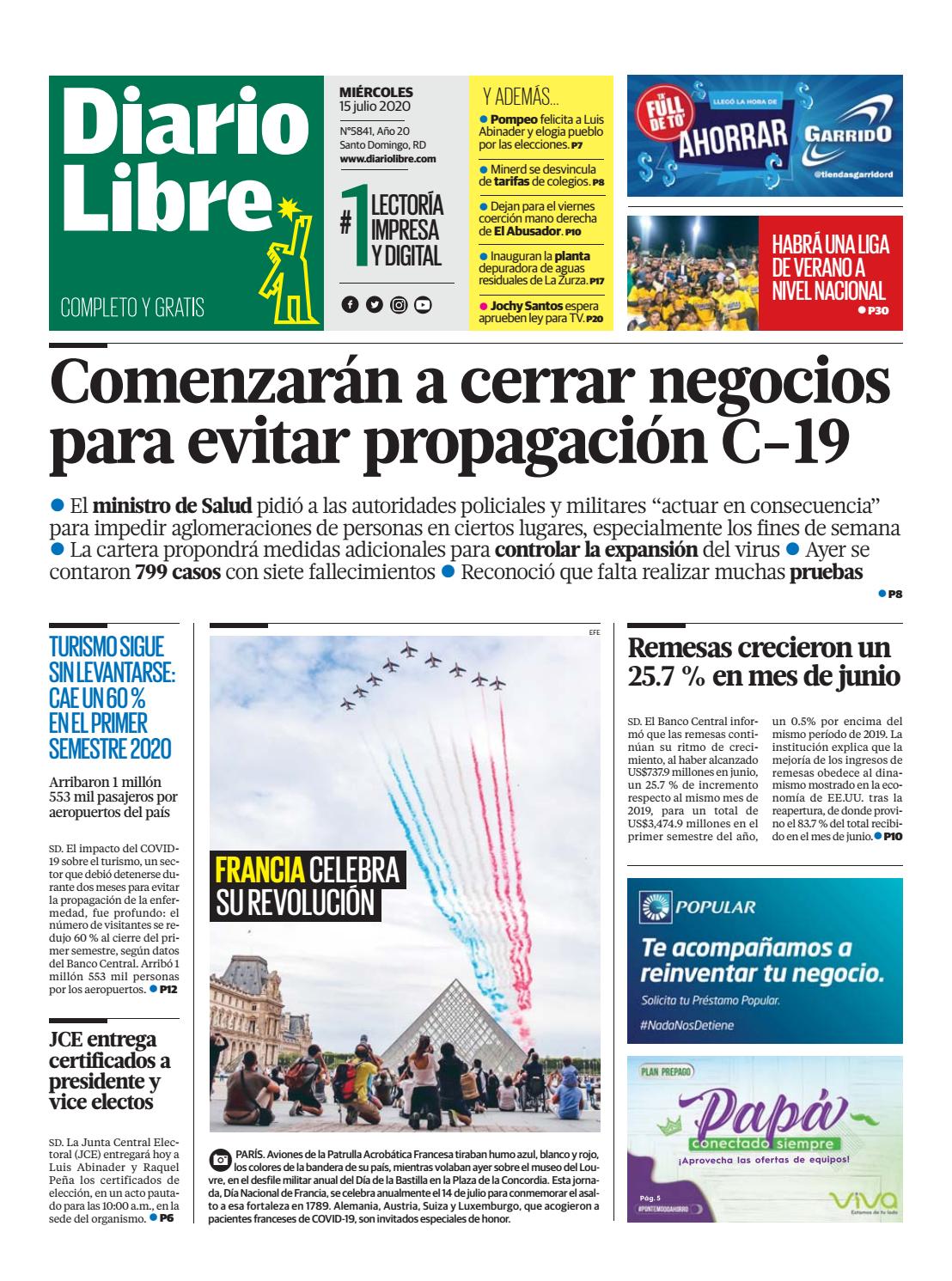 Portada Periódico Diario Libre, Miércoles 15 de Julio, 2020
