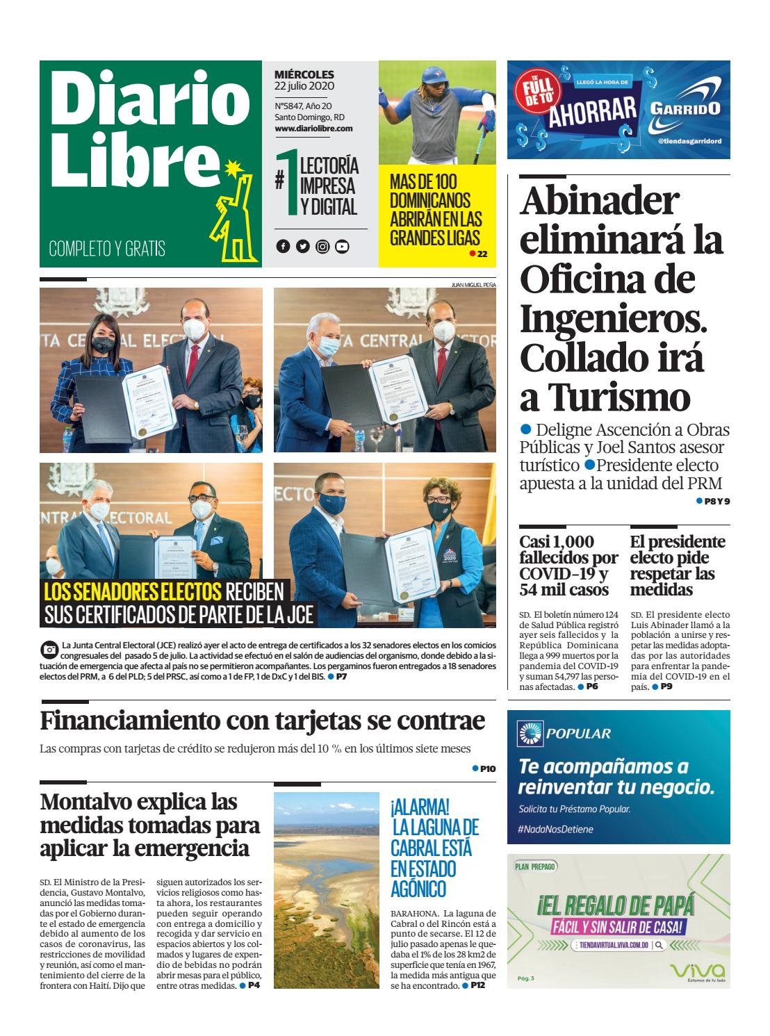 Portada Periódico Diario Libre, Miércoles 22 de Julio, 2020