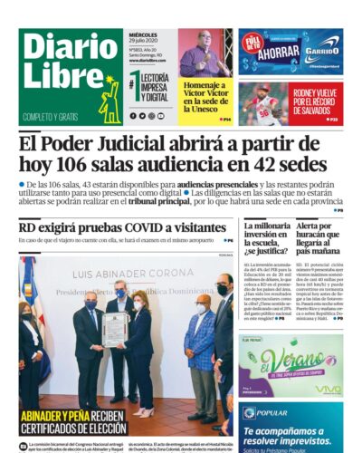 Portada Periódico Diario Libre, Miércoles 29 de Julio, 2020