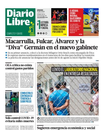 Portada Periódico Diario Libre, Sábado 11 de Julio, 2020