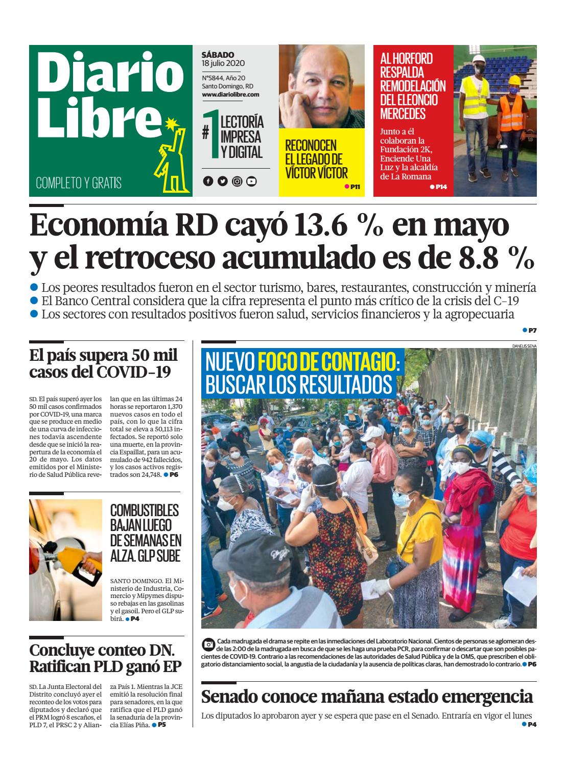 Portada Periódico Diario Libre, Sábado 18 de Julio, 2020