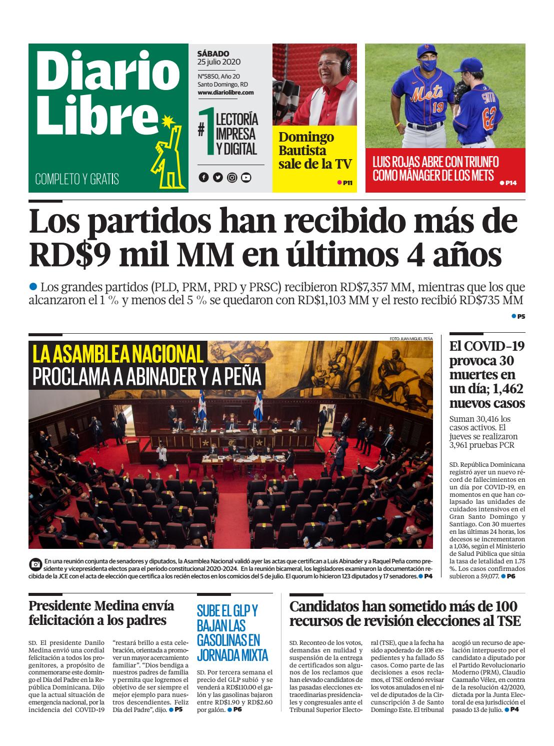 Portada Periódico Diario Libre, Sábado 25 de Julio, 2020