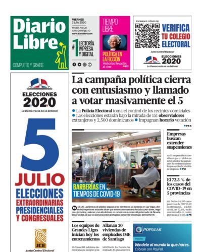 Portada Periódico Diario Libre, Viernes 03 de Julio, 2020