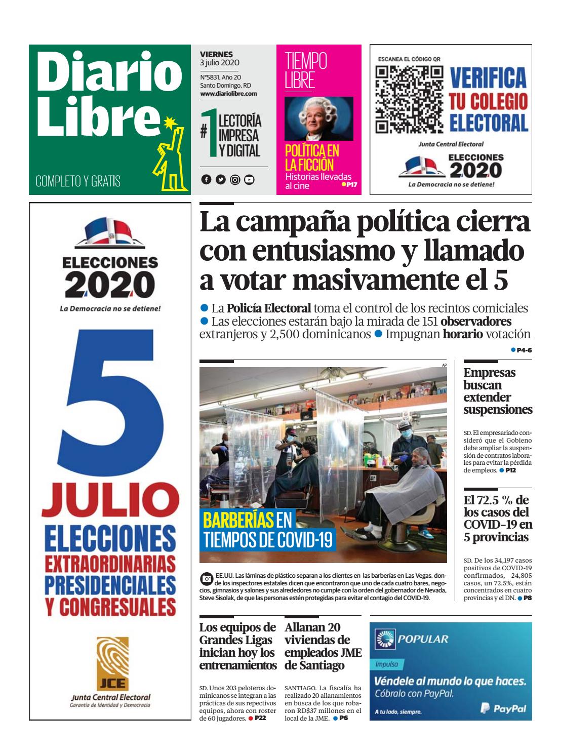 Portada Periódico Diario Libre, Viernes 03 de Julio, 2020