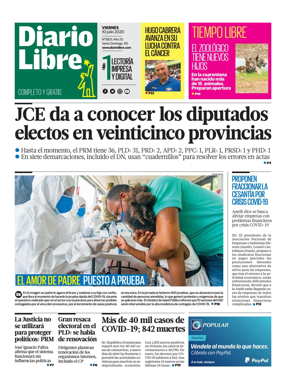 Portada Periódico Diario Libre, Viernes 10 de Julio, 2020