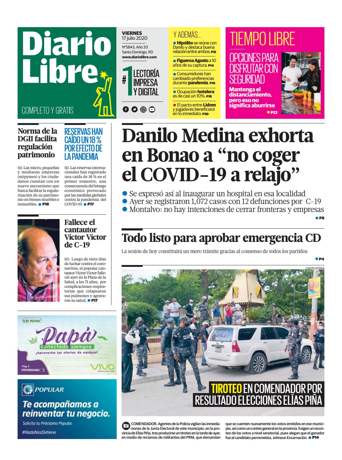 Portada Periódico Diario Libre, Viernes 17 de Julio, 2020