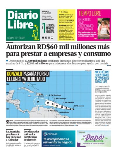 Portada Periódico Diario Libre, Viernes 24 de Julio, 2020