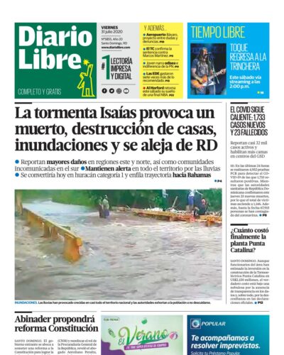 Portada Periódico Diario Libre, Viernes 31 de Julio, 2020