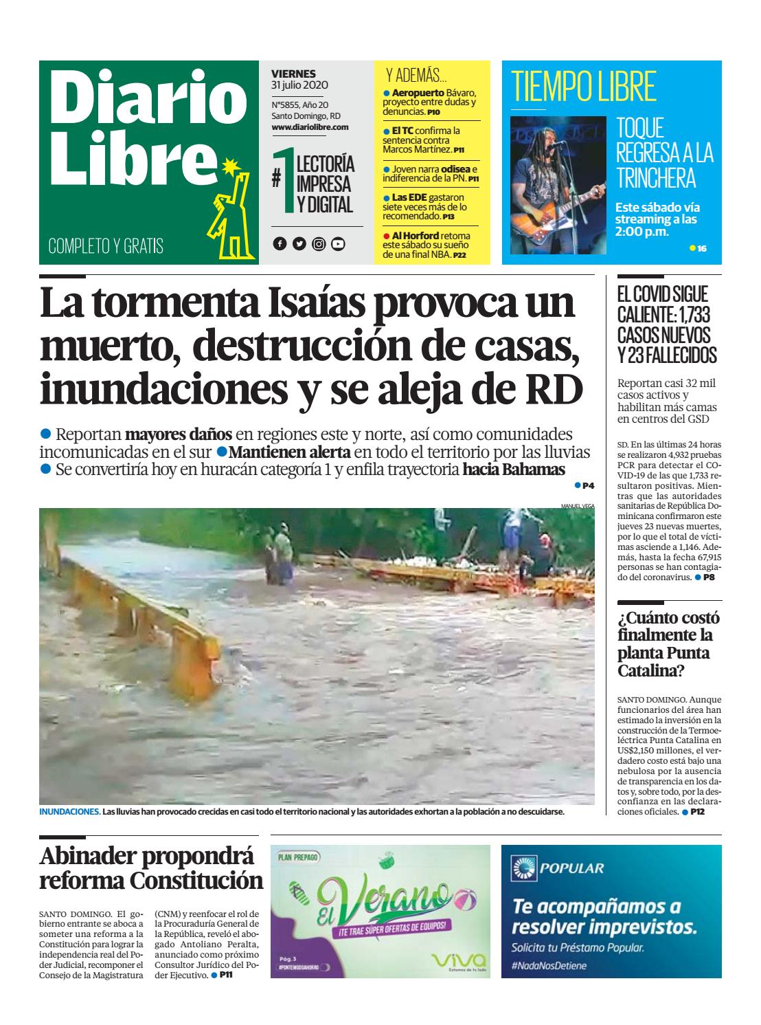 Portada Periódico Diario Libre, Viernes 31 de Julio, 2020