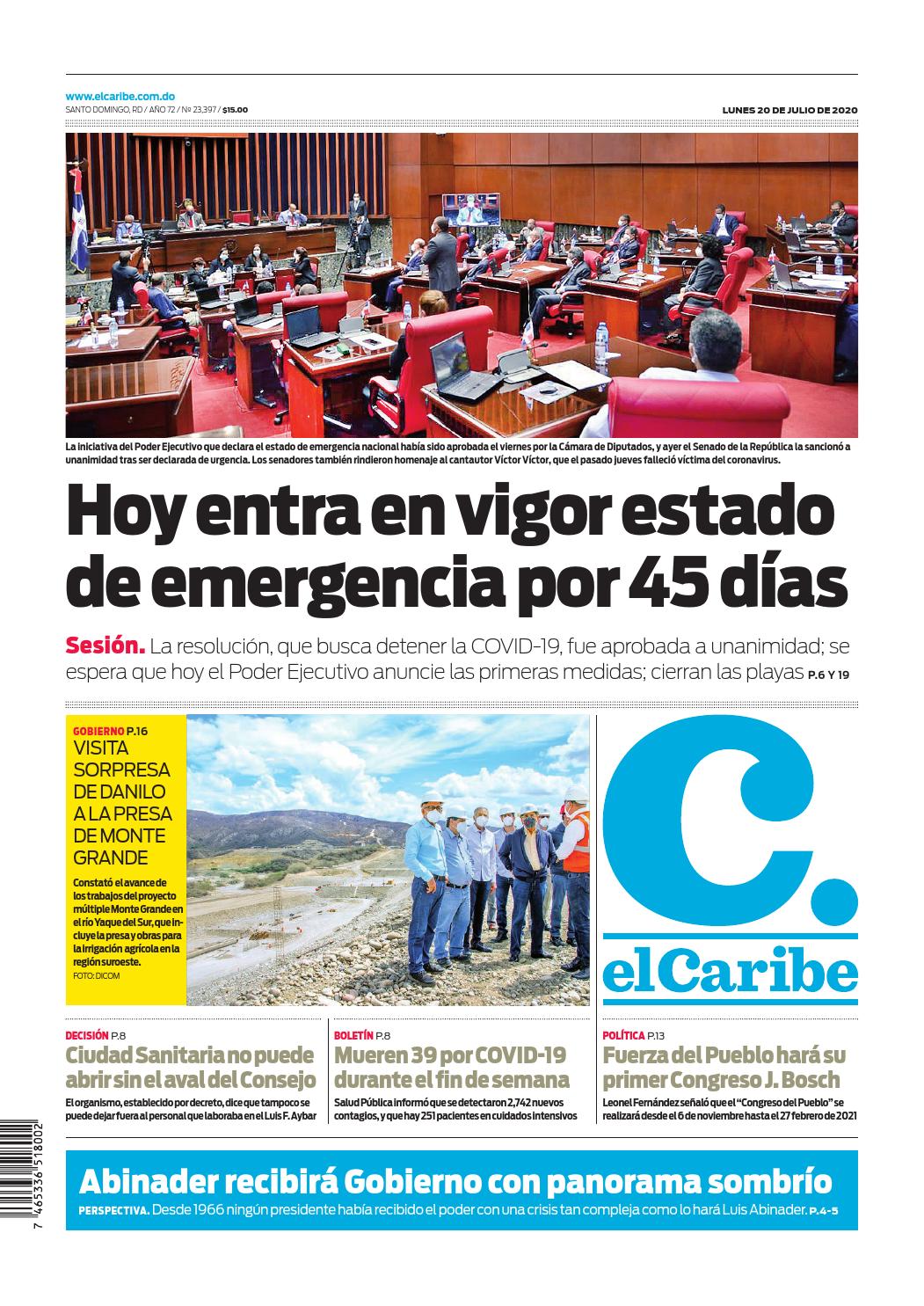 Portada Periódico El Caribe, Lunes 20 de Julio, 2020