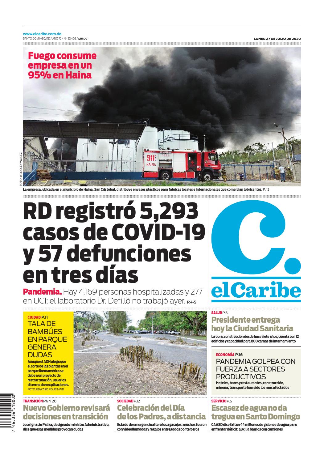 Portada Periódico El Caribe, Lunes 27 de Julio, 2020