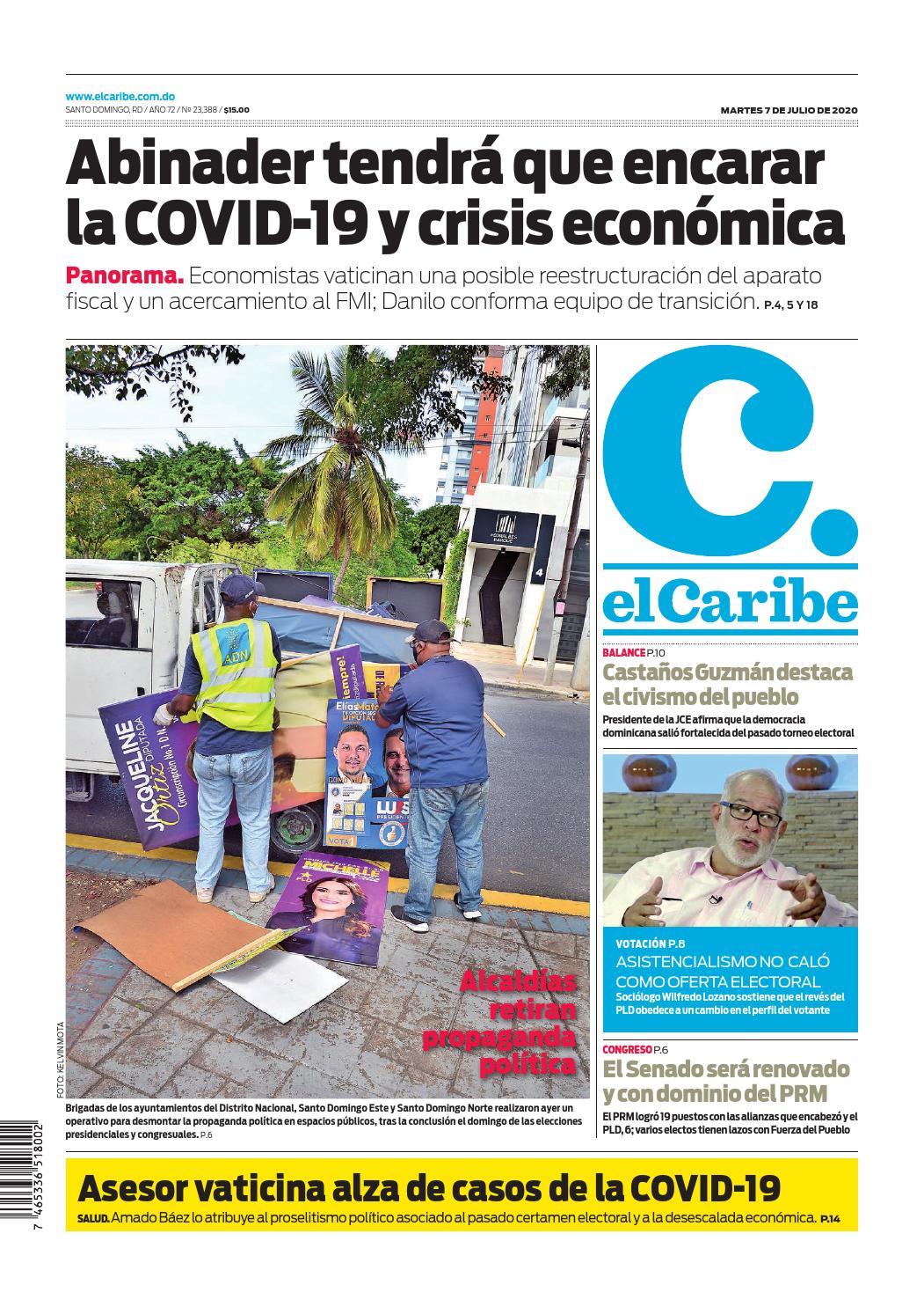 Portada Periódico El Caribe, Martes 07 de Julio, 2020