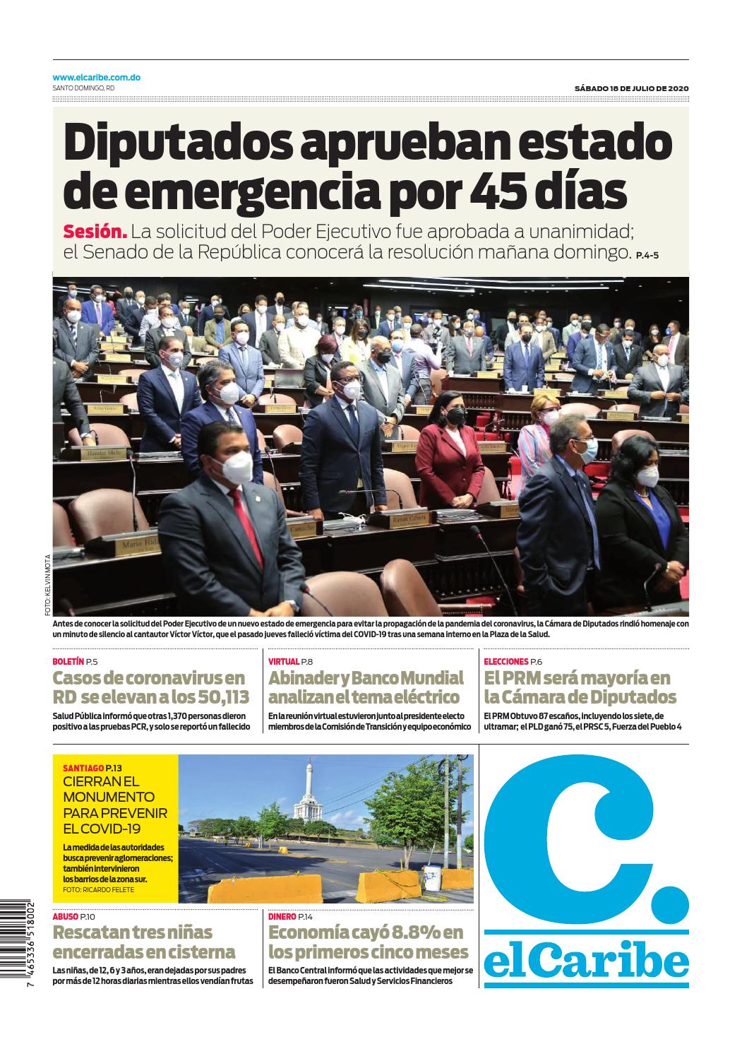 Portada Periódico El Caribe, Sábado 18 de Julio, 2020