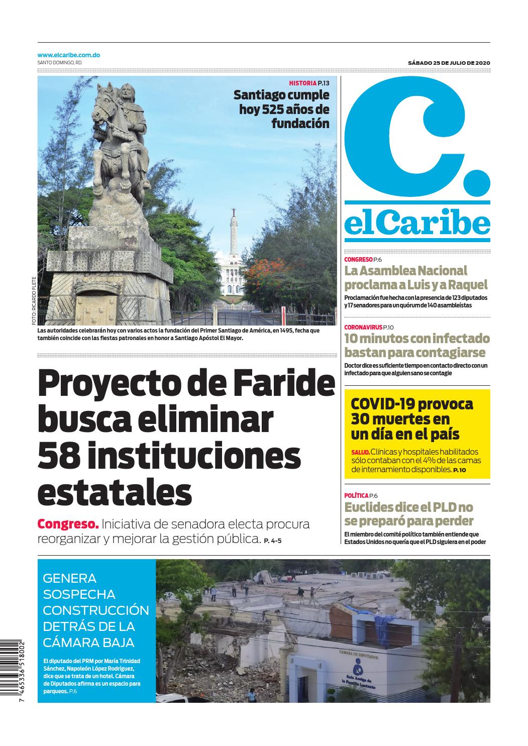 Portada Periódico El Caribe, Sábado 25 de Julio, 2020