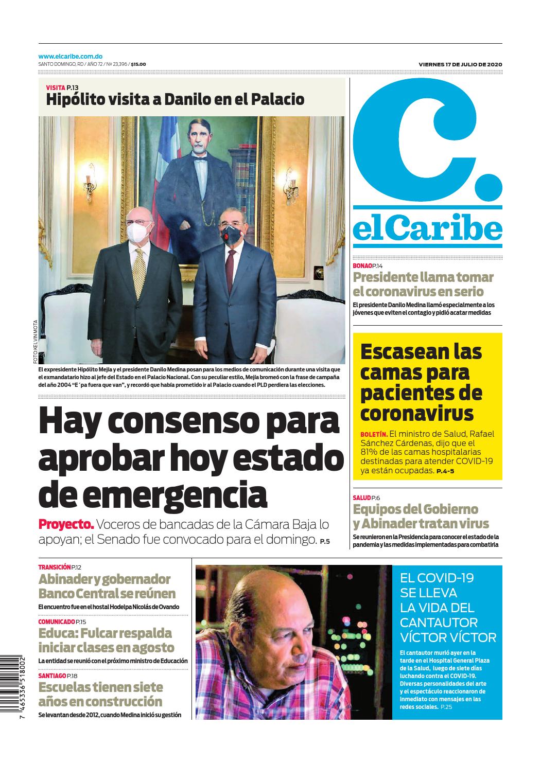 Portada Periódico El Caribe, Viernes 17 de Julio, 2020