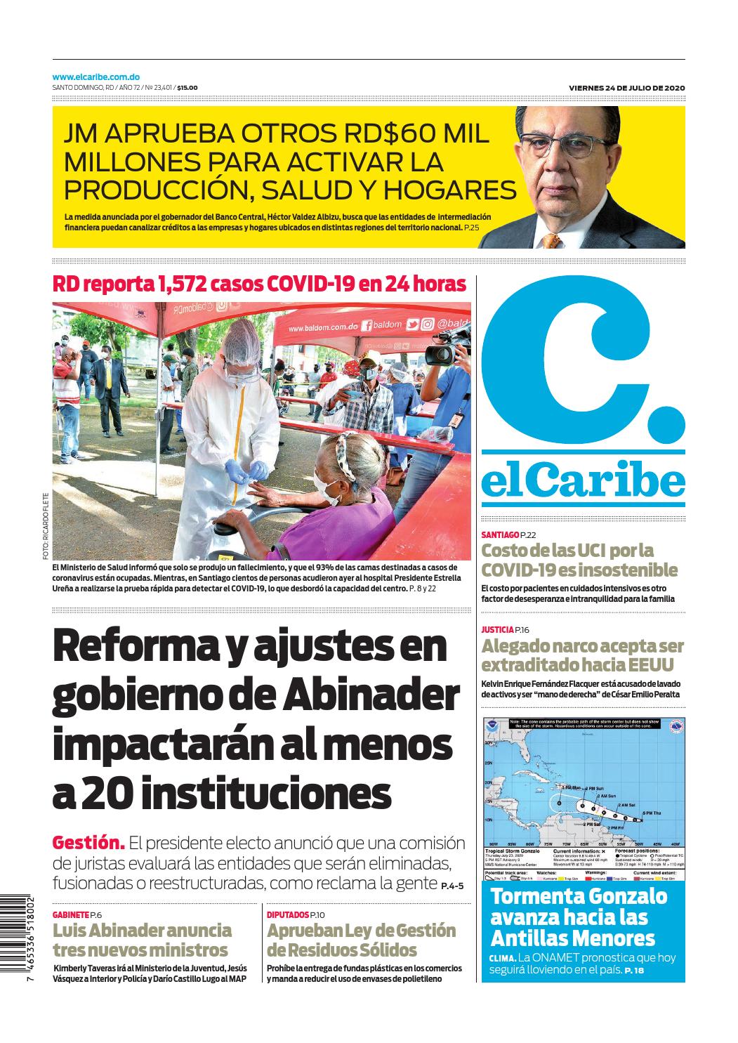 Portada Periódico El Caribe, Viernes 24 de Julio, 2020