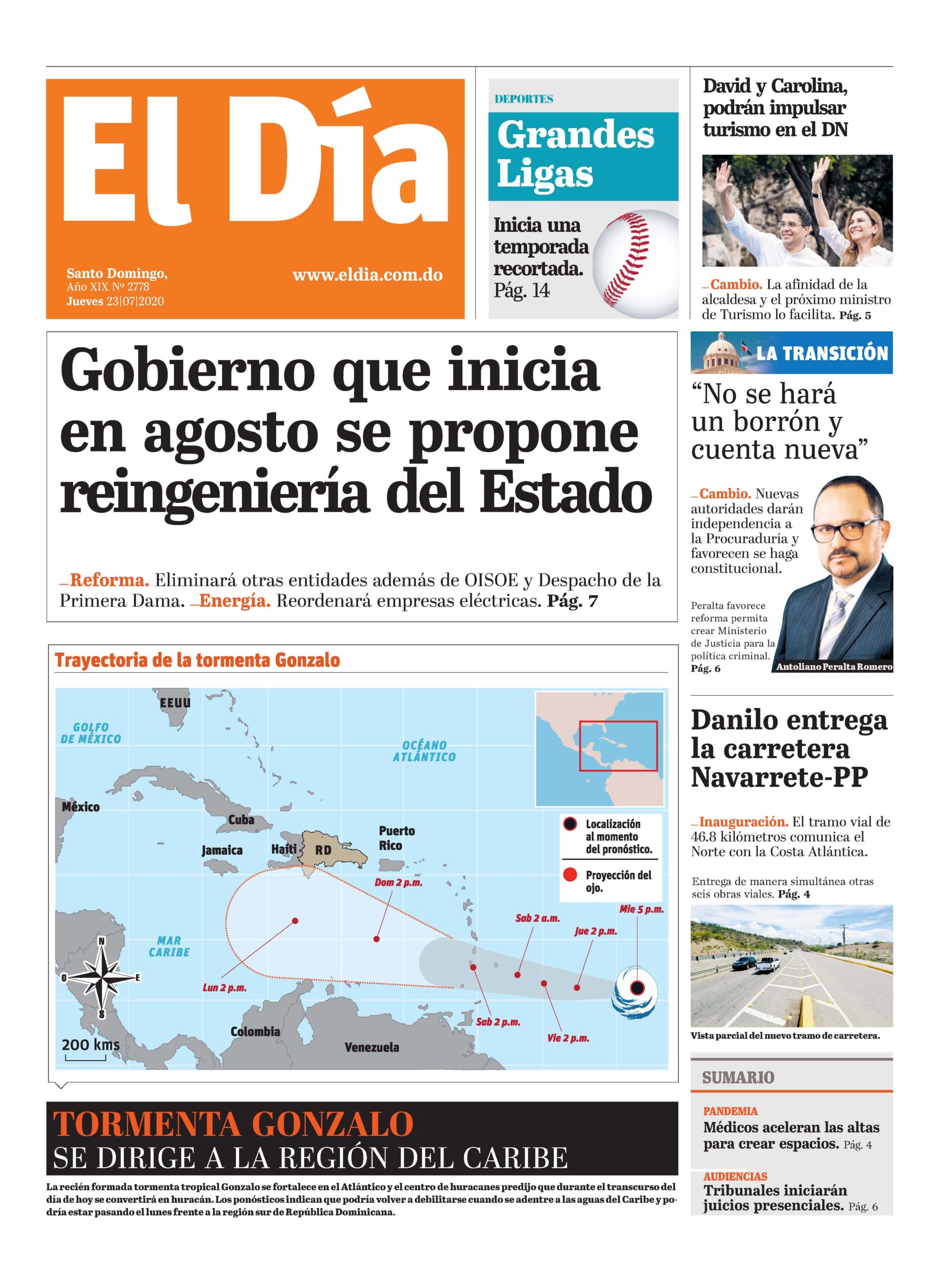 Portada Periódico El Día, Jueves 23 de Julio, 2020