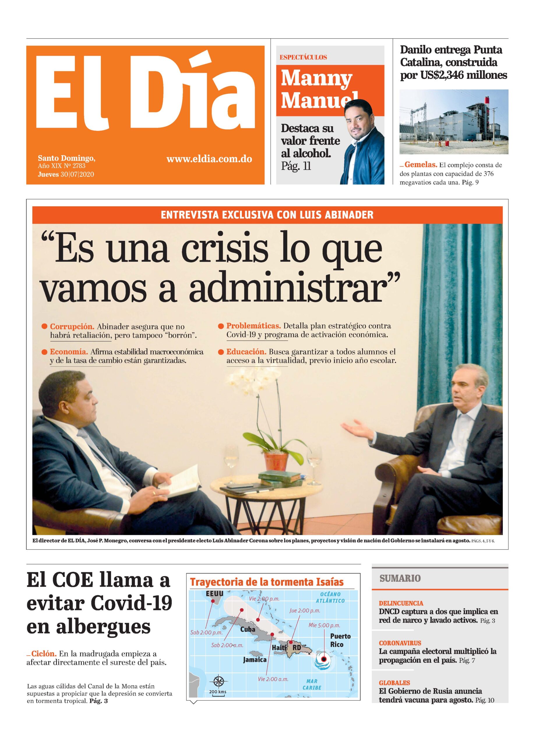 Portada Periódico El Día, Jueves 30 de Julio, 2020