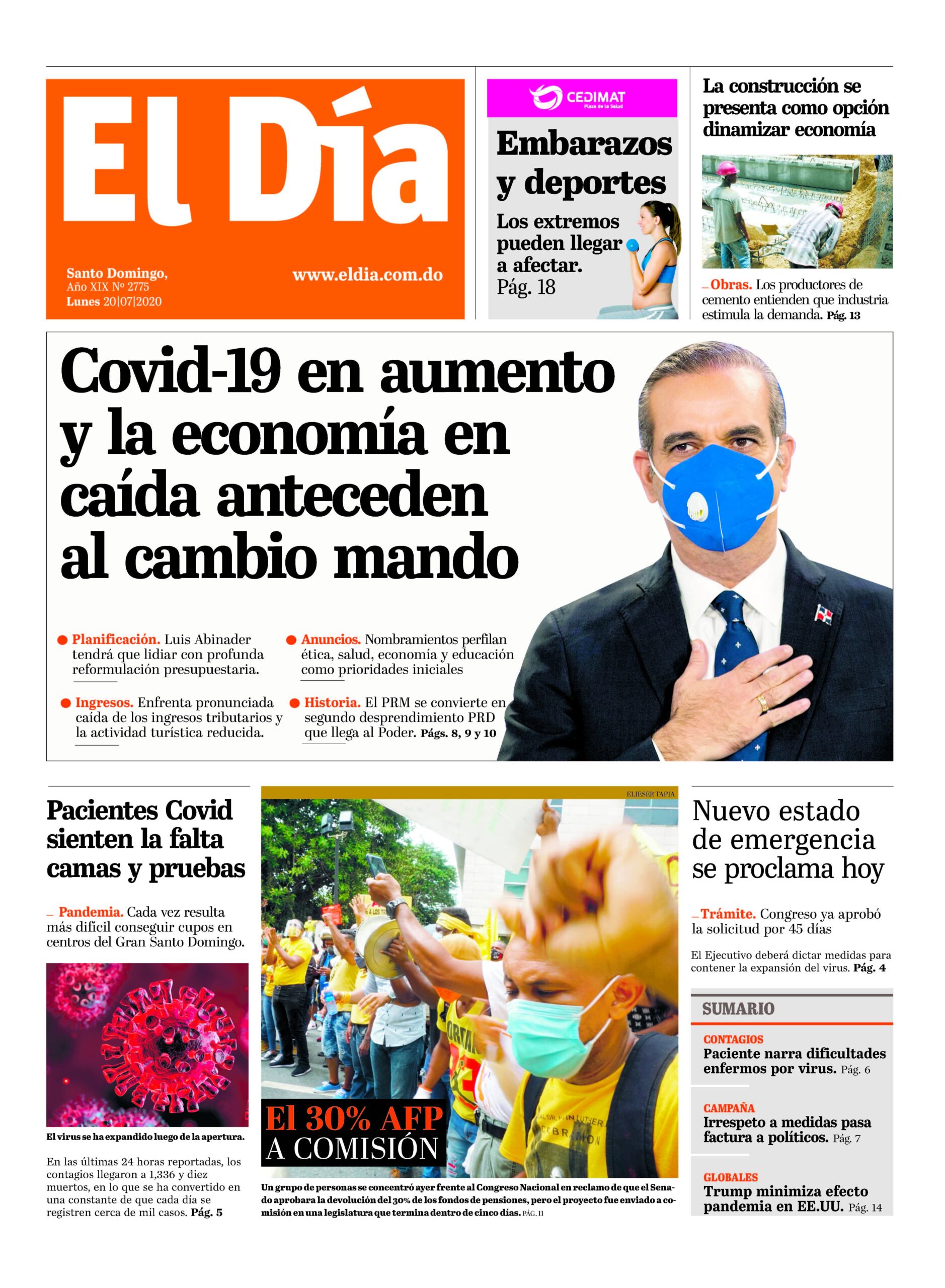 Portada Periódico El Día, Lunes 20 de Julio, 2020