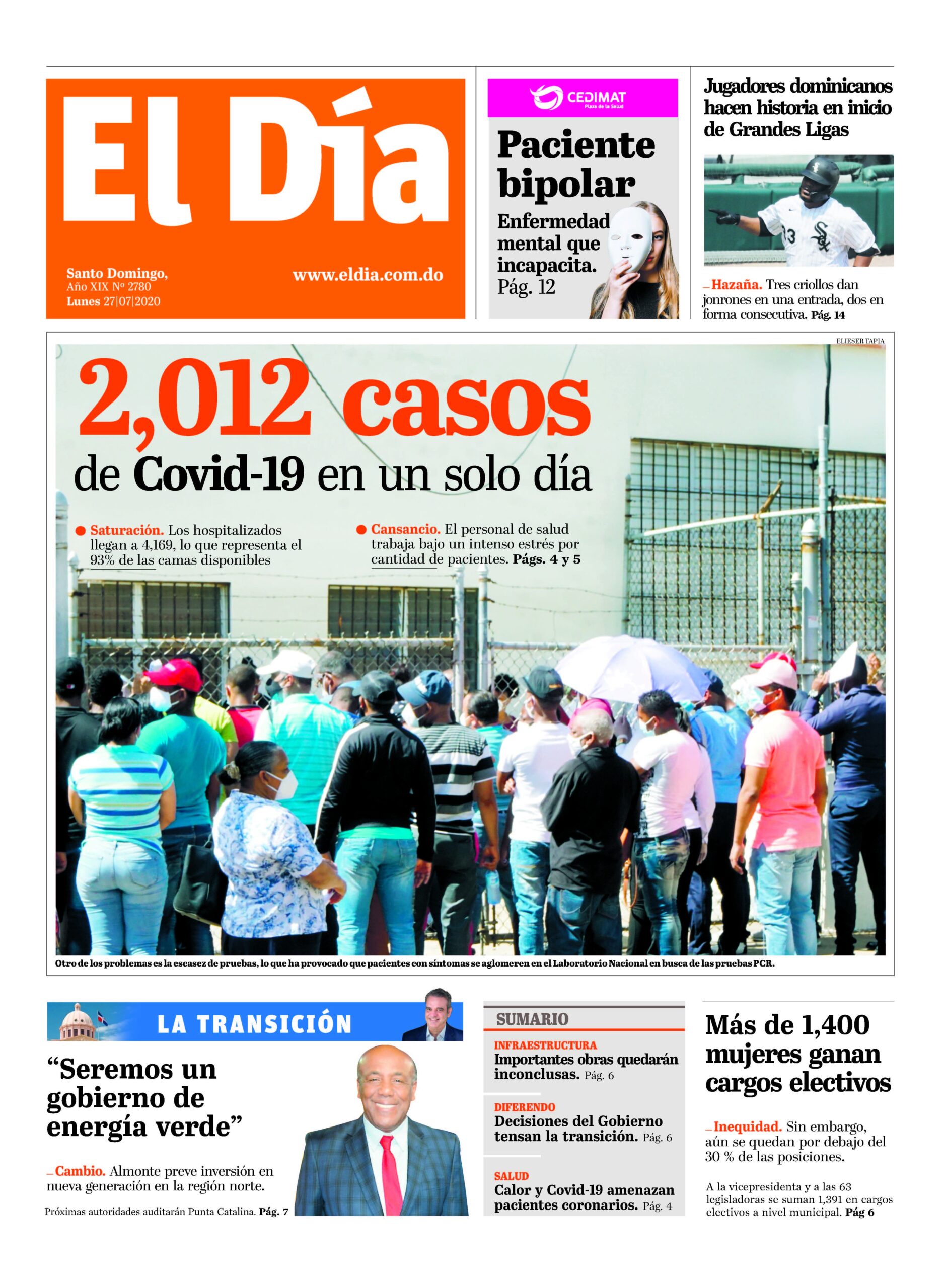 Portada Periódico El Día, Lunes 27 de Julio, 2020