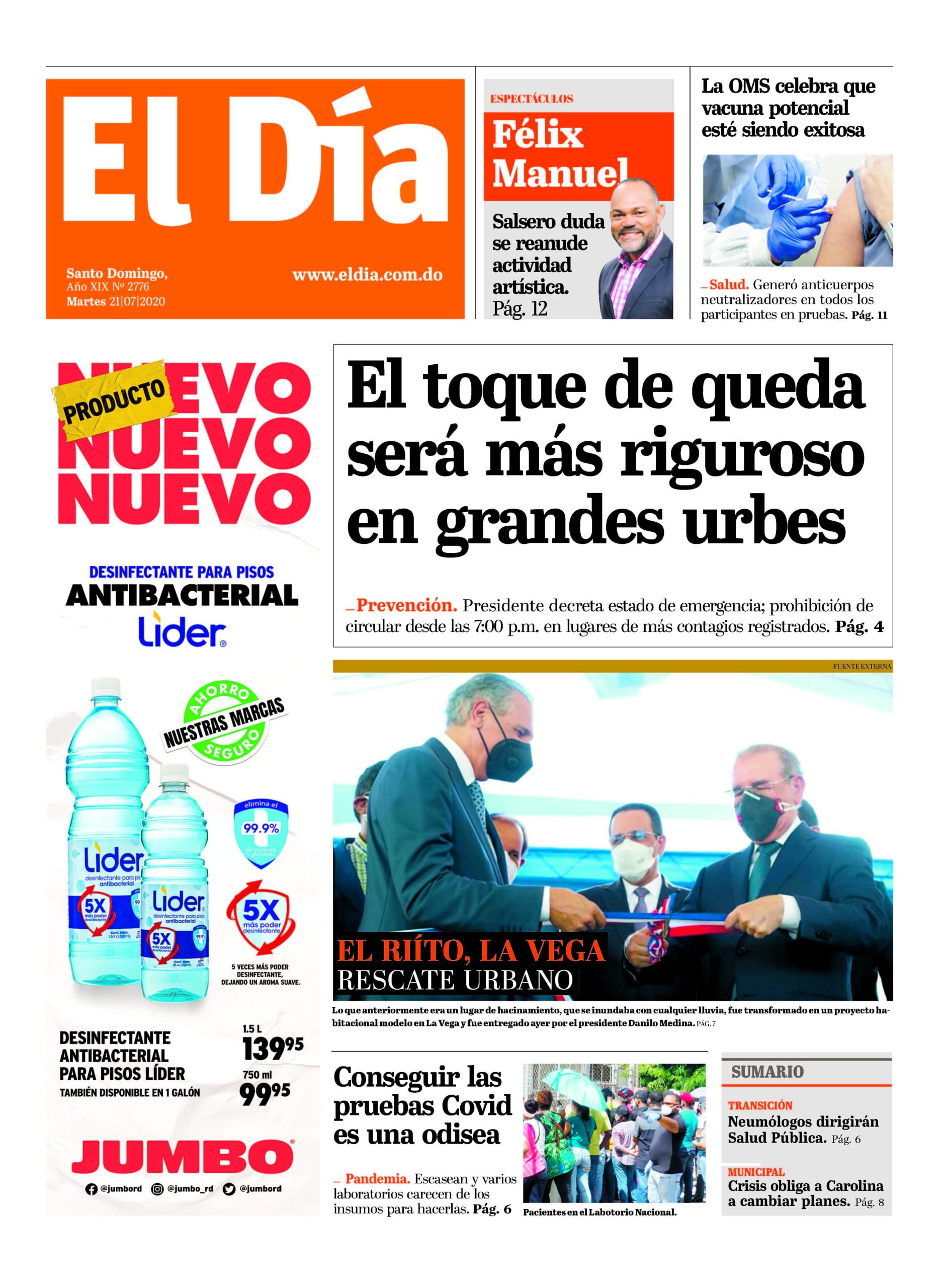 Portada Periódico El Día, Martes 21 de Julio, 2020