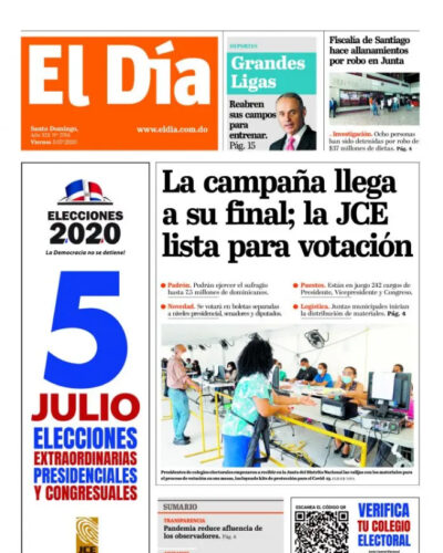 Portada Periódico El Día, Viernes 03 de Julio, 2020