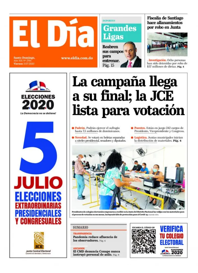 Portada Periódico El Día, Viernes 03 de Julio, 2020