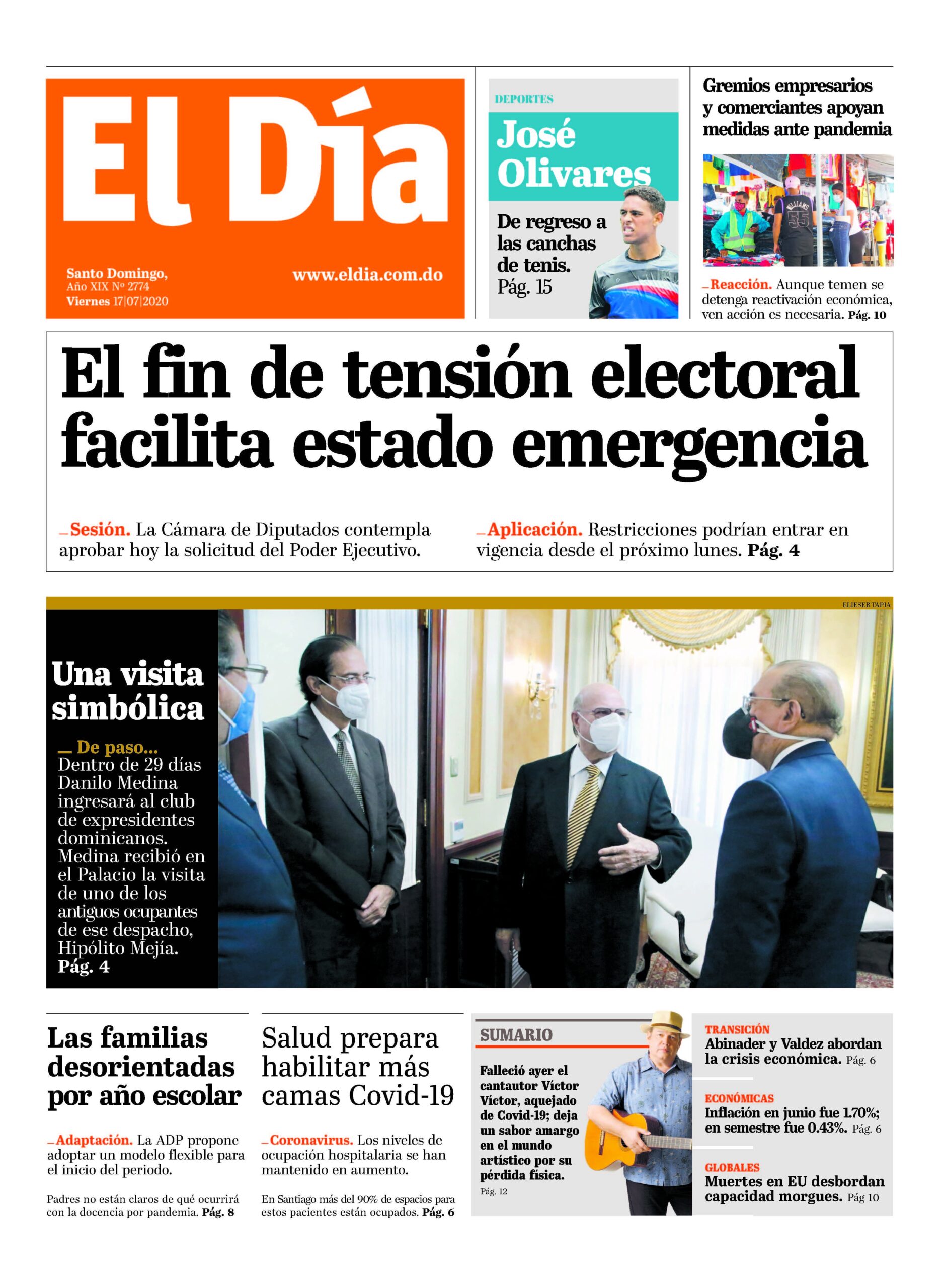 Portada Periódico El Día, Viernes 17 de Julio, 2020