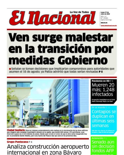 Portada Periódico El Nacional, Lunes 27 de Julio, 2020