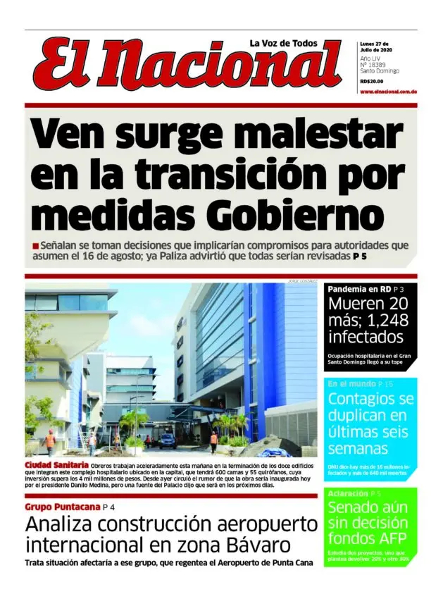 Portada Periódico El Nacional, Lunes 27 de Julio, 2020
