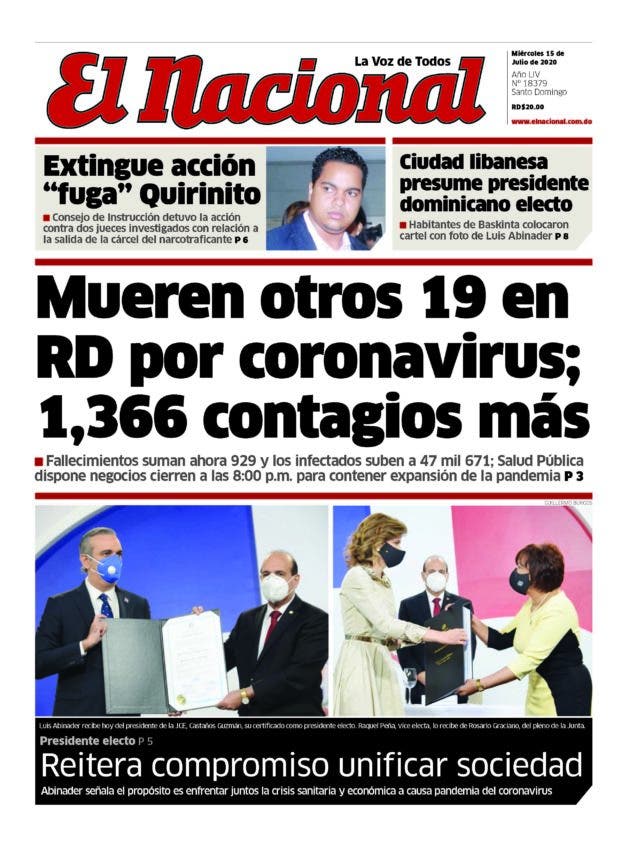 Portada Periódico El Nacional, Miércoles 15 de Julio, 2020