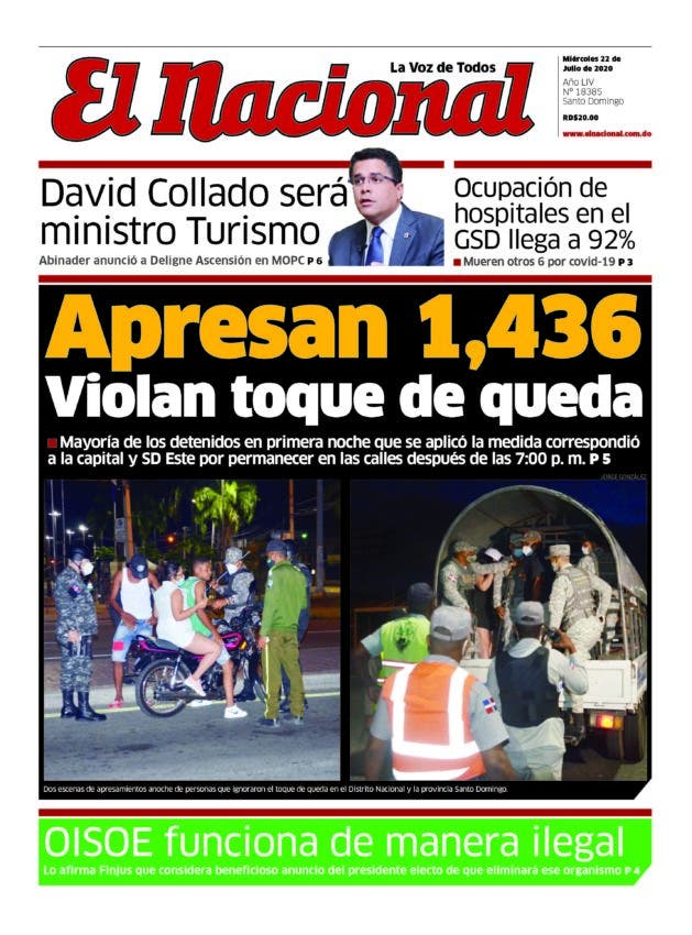 Portada Periódico El Nacional, Miércoles 22 de Julio, 2020