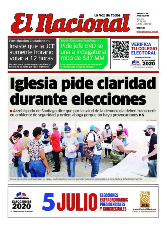 Portada Periódico El Nacional, Viernes 03 de Julio, 2020