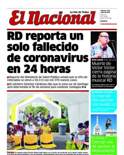 Portada Periódico El Nacional, Viernes 17 de Julio, 2020